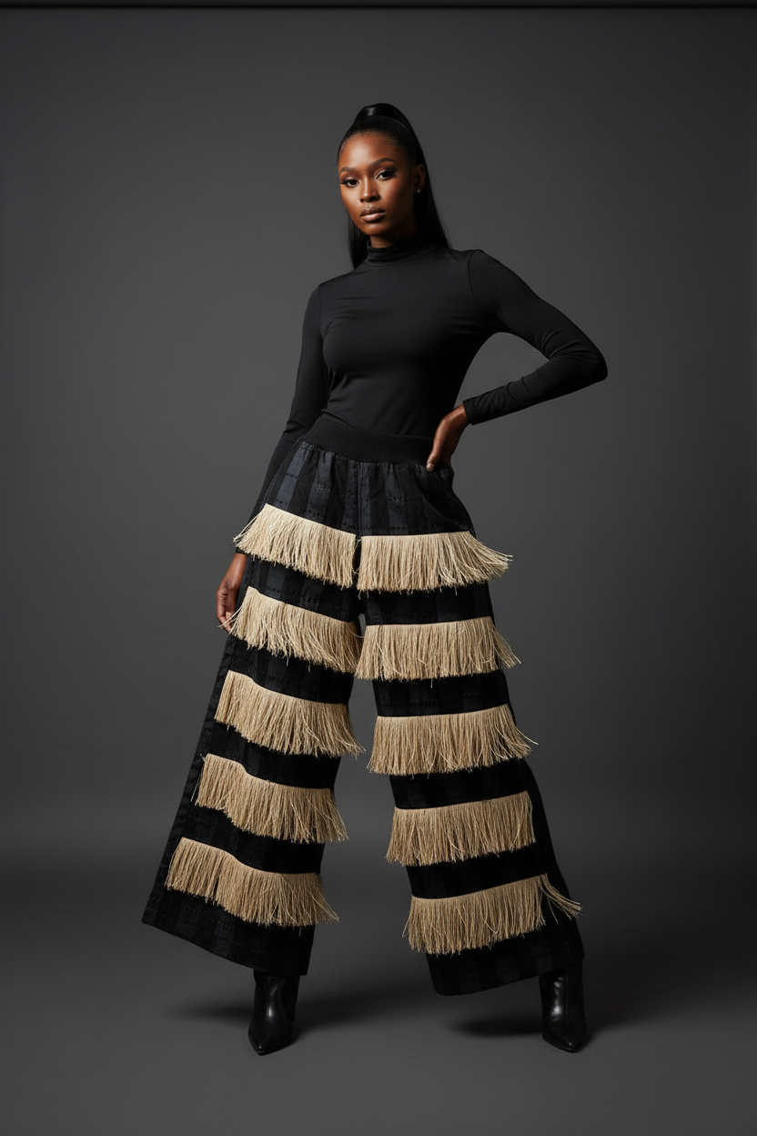 Black checkered pants with fringe details on model