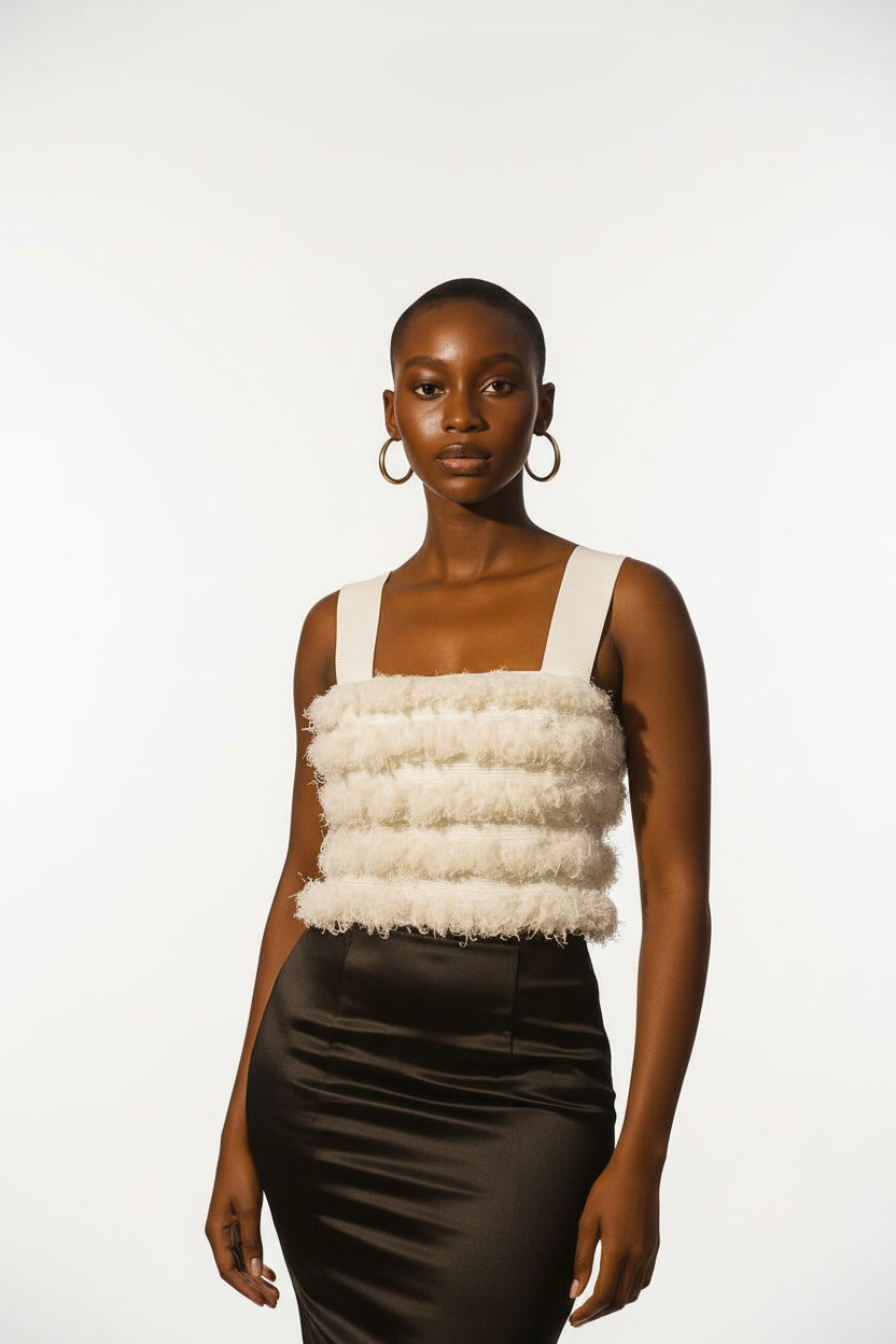 Black female model in white fringe top - white background