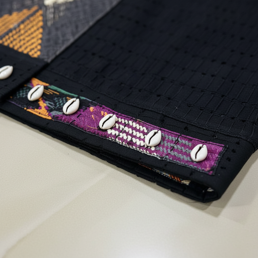 Black jacket - cowrie shell embellishment detail