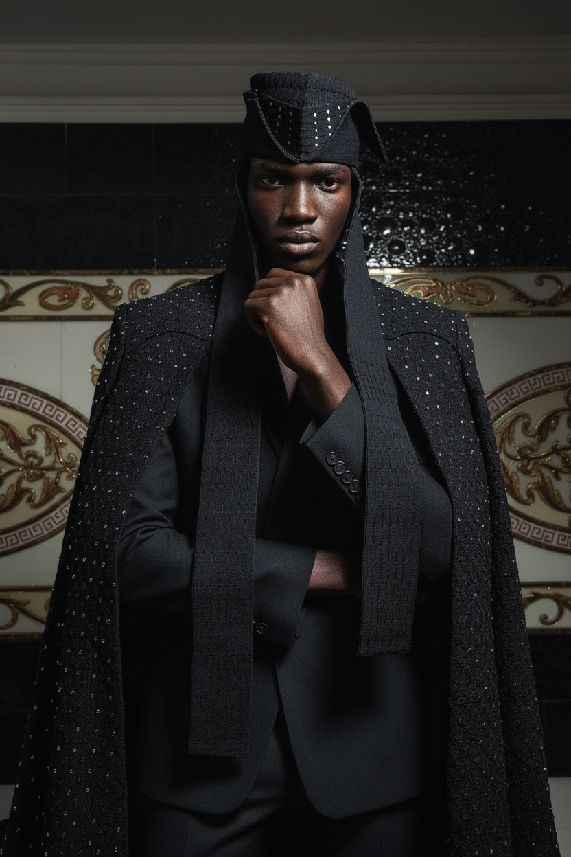 Black male model in black cap - jacket off, leaning pose
