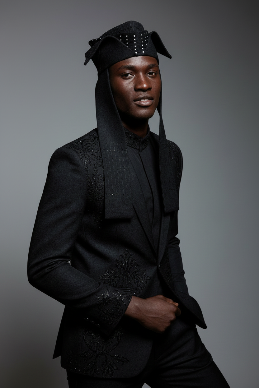Black male model in black studded cap - different angle