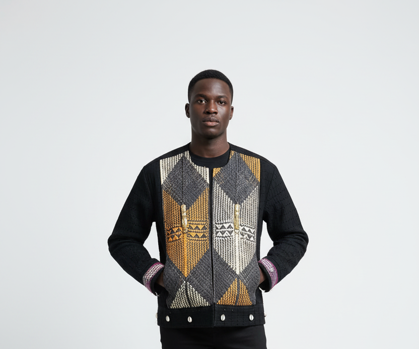 Black male model in geometric jacket - hands in pockets