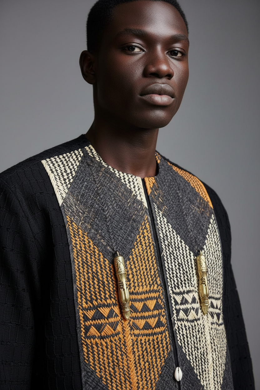 Black male model in geometric jacket - pattern and button detail