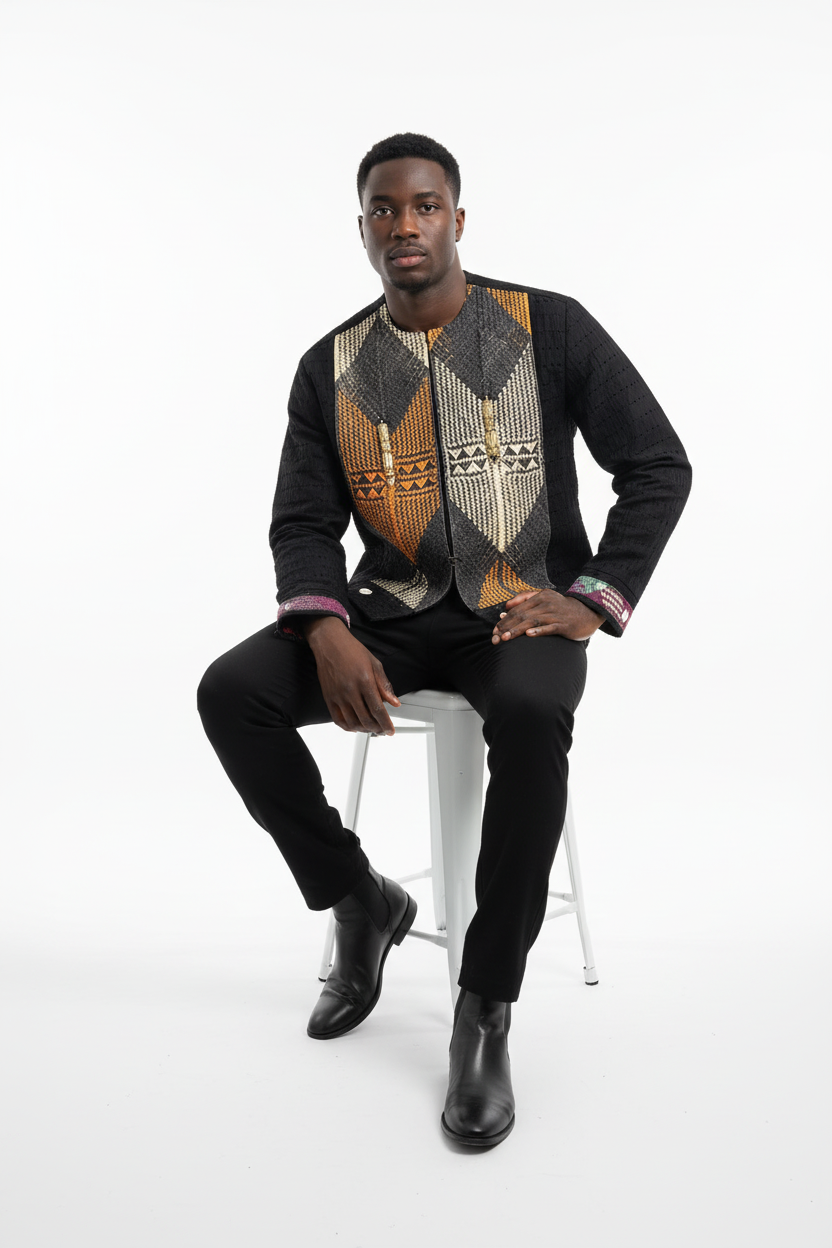 Black male model in geometric jacket - seated on stool