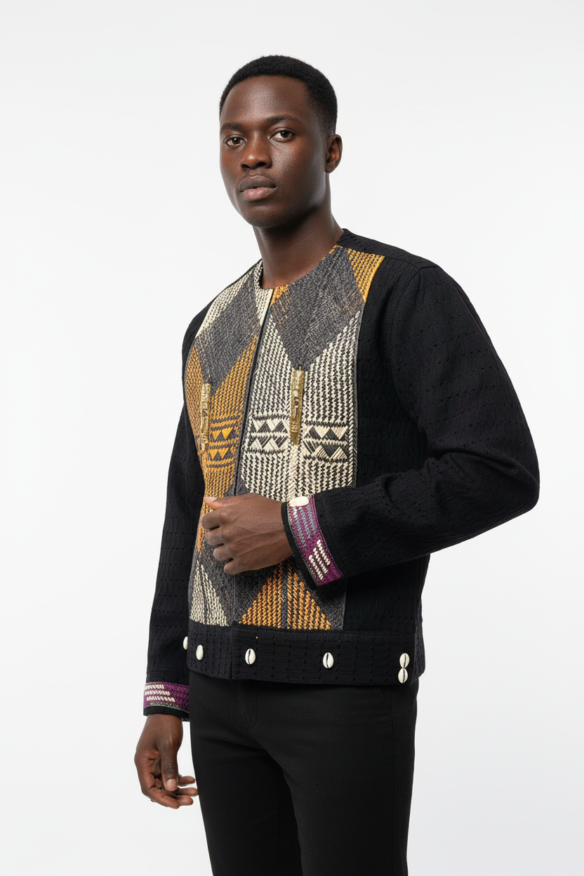 Black male model in geometric jacket - three-quarter view white background