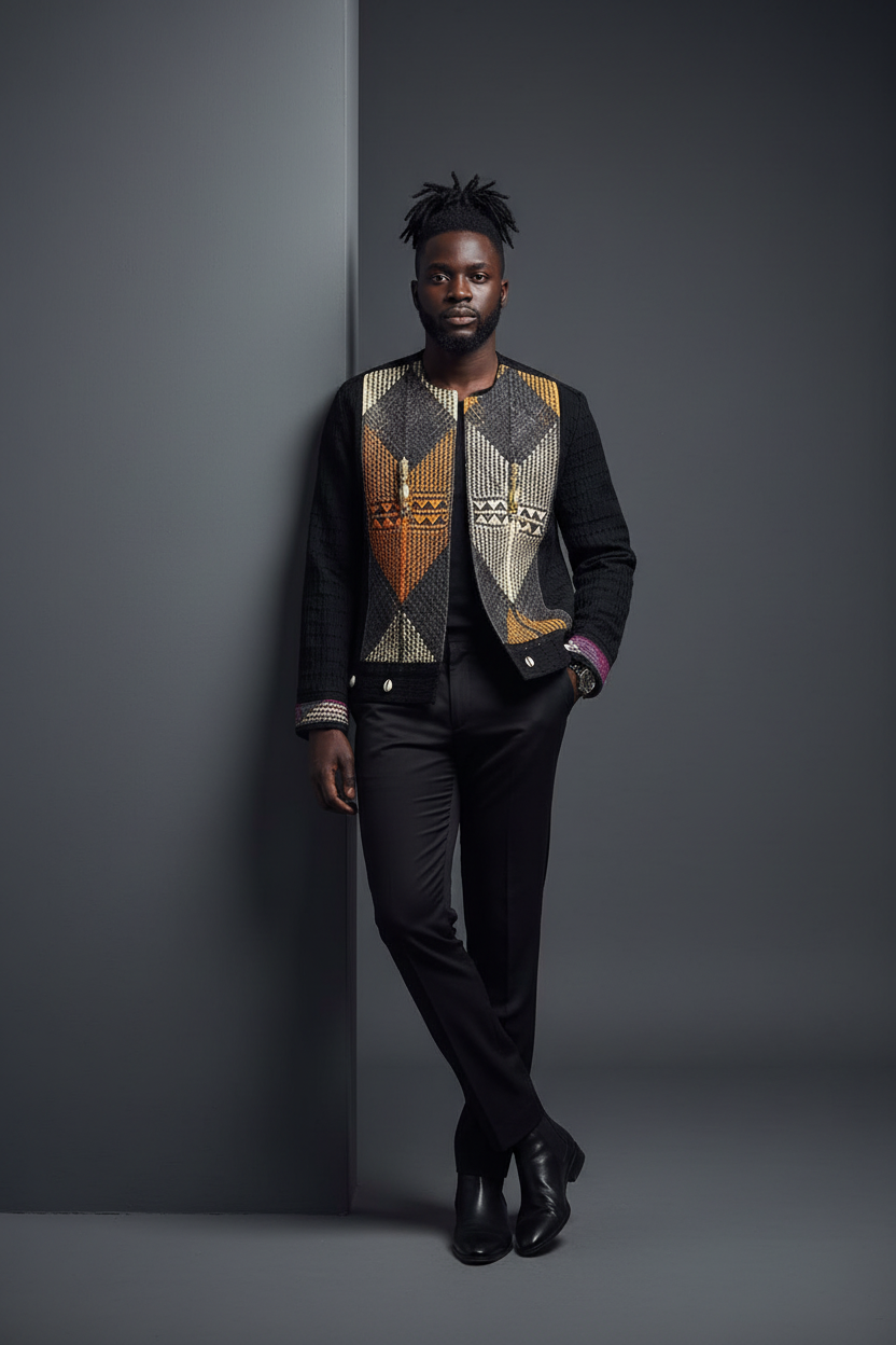 Black male model in jacket - leaning casual pose