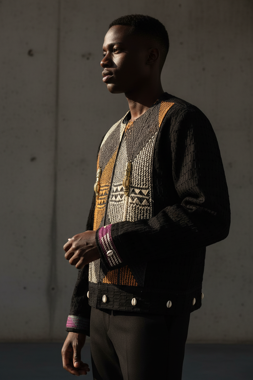 Black male model in jacket - side profile view