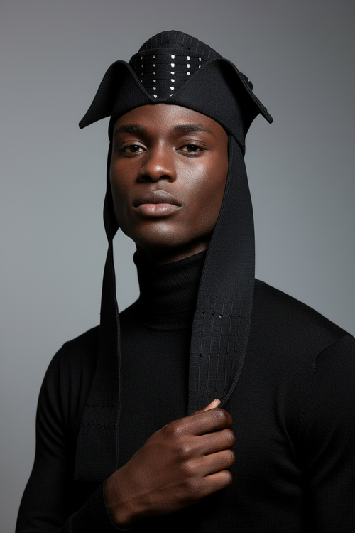 Black male model wearing black studded cap with draping