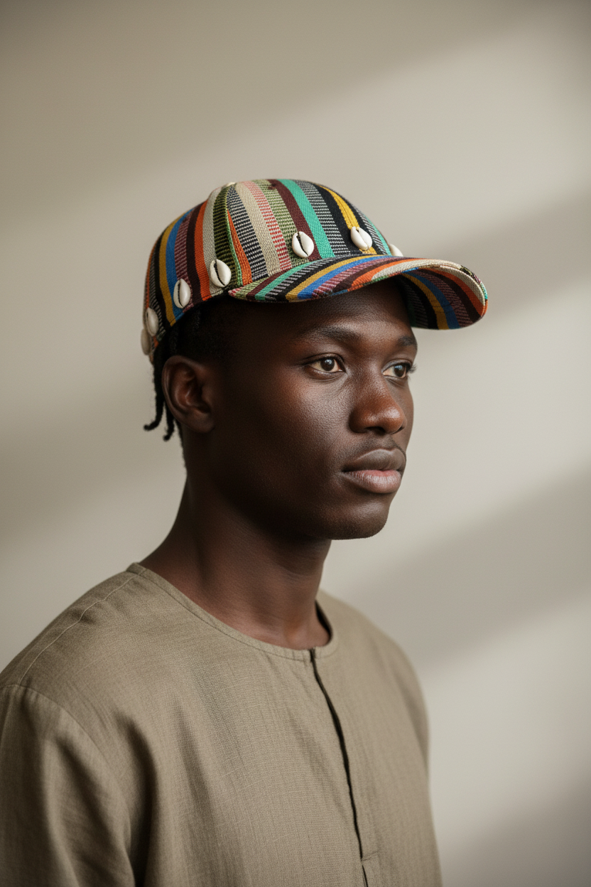 Black male model wearing striped cap - angled