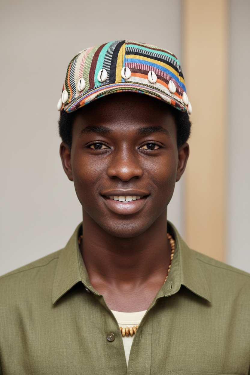 Black male model wearing striped cap - front