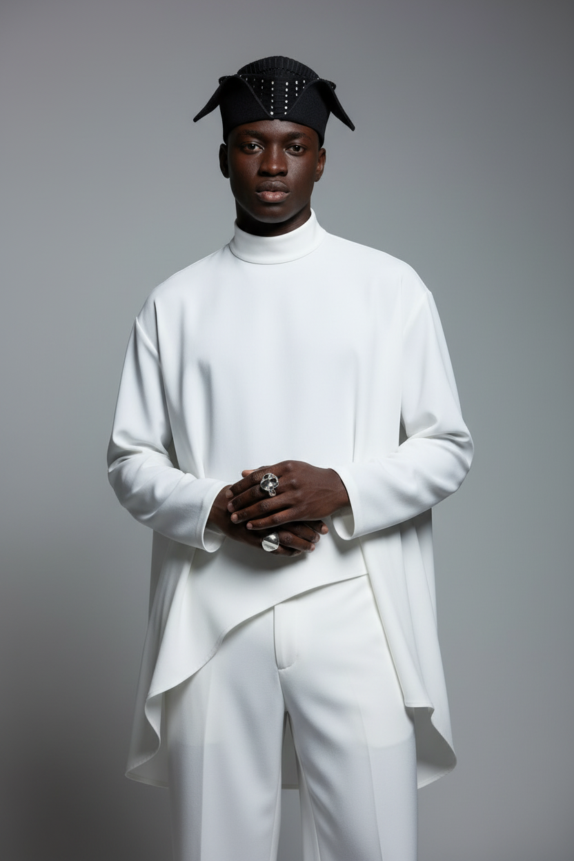 Brown male model in studded cap and white outfit - confident