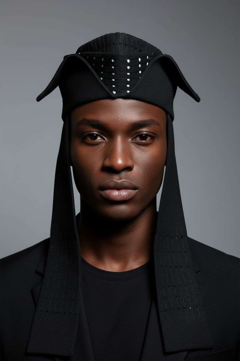 Brown male model in studded cap - front portrait