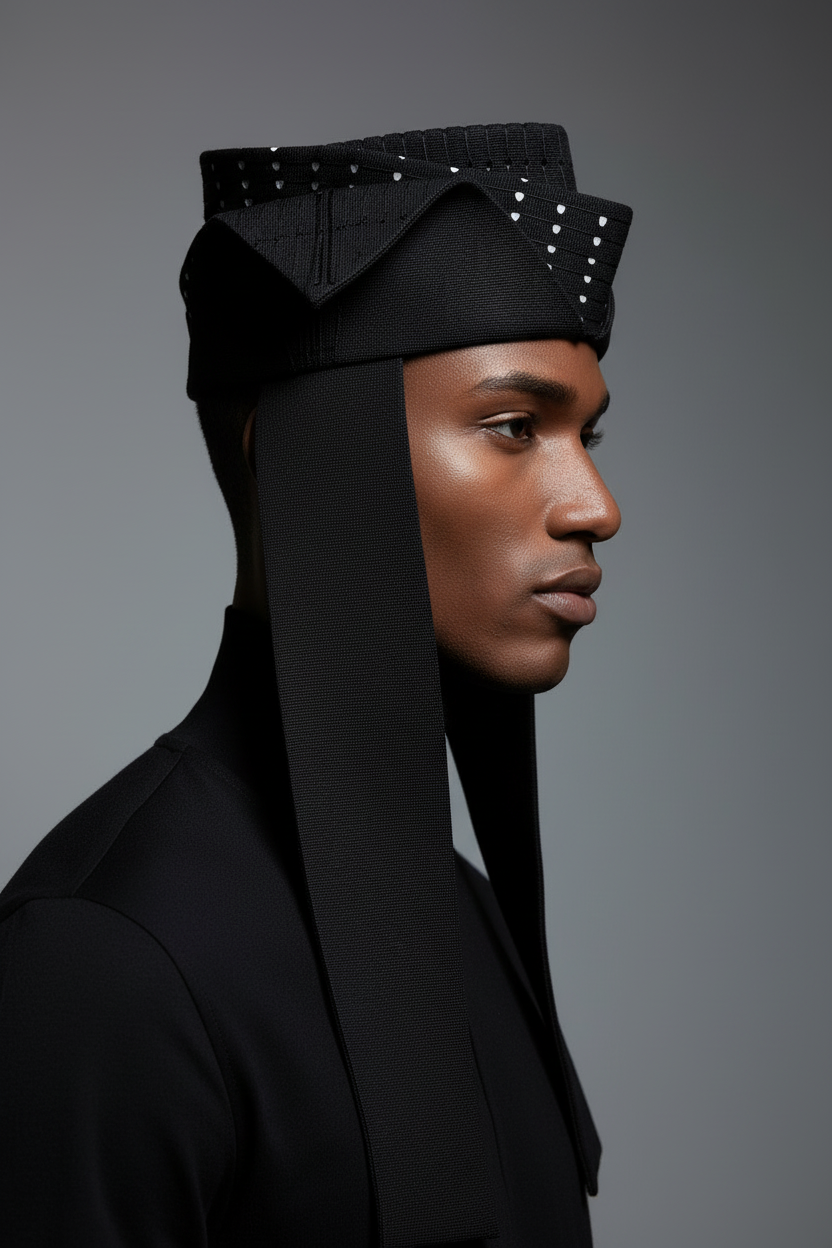 Brown male model in studded cap - side profile