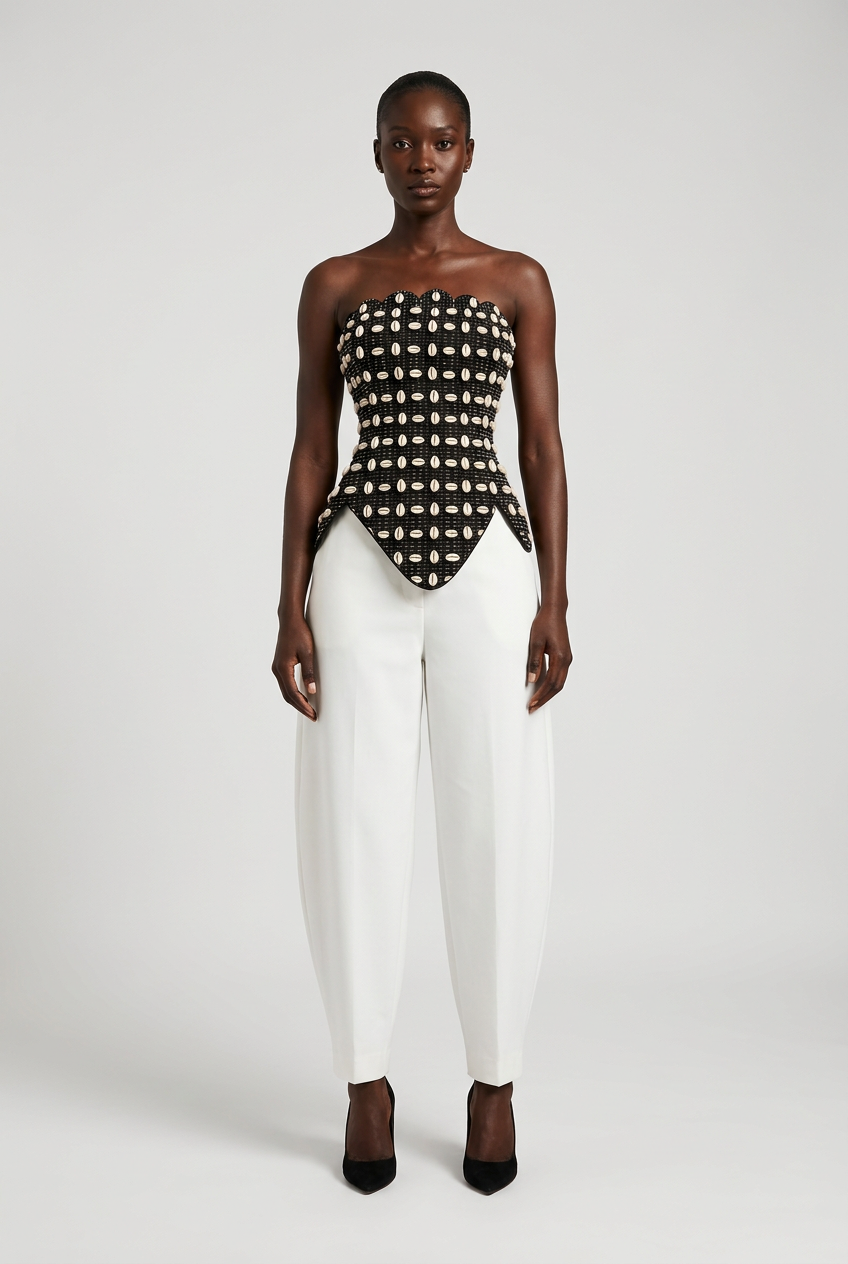 Cowrie corset styled with white barrel-leg trousers