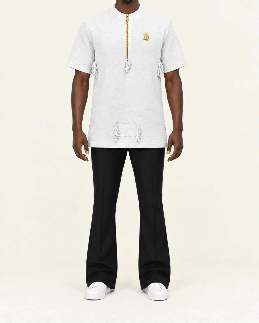 Front pose with black boot-cut pants