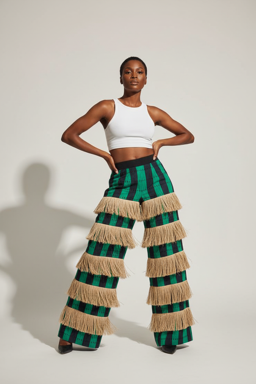 Green and black checkered pants on female model