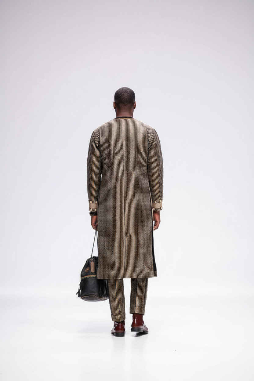 Male model in geometric coat - back view product shot