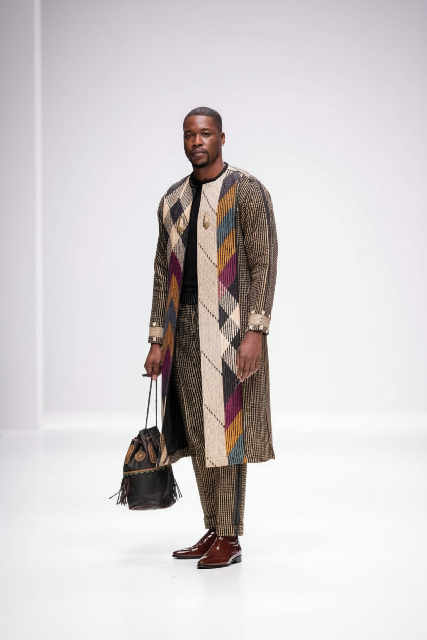 Male model in geometric coat - three-quarter view