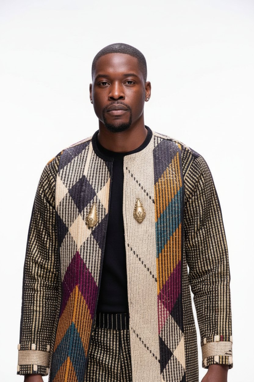 Male model in geometric coat - upper body detail