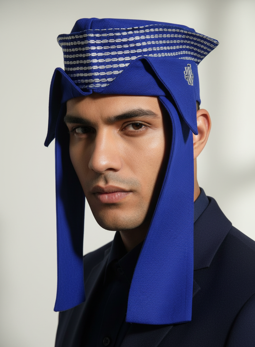 Male model wearing blue embellished cap