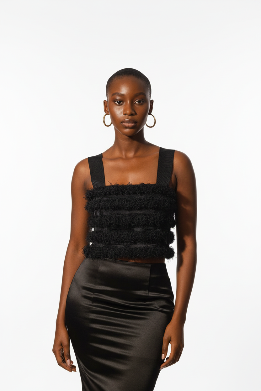 Model in black fringe crop top