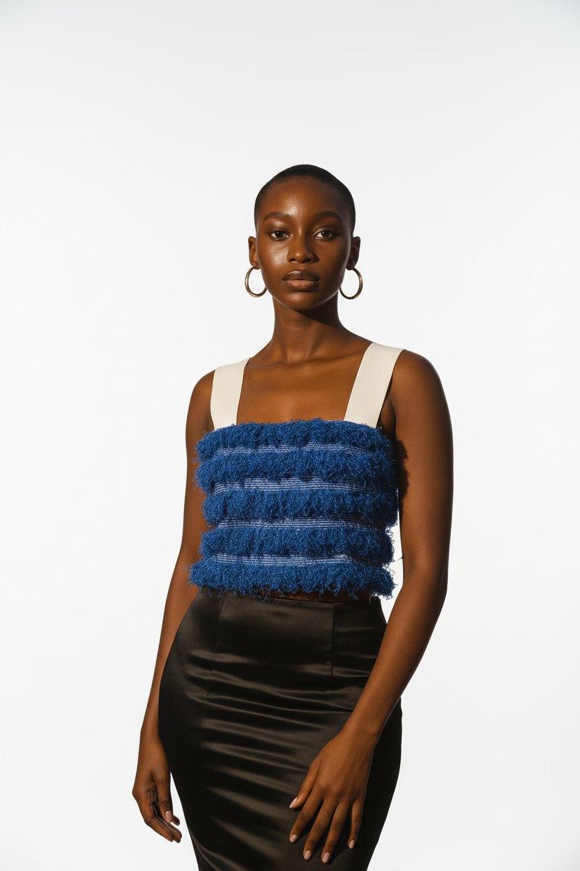 Model in blue fringe crop top