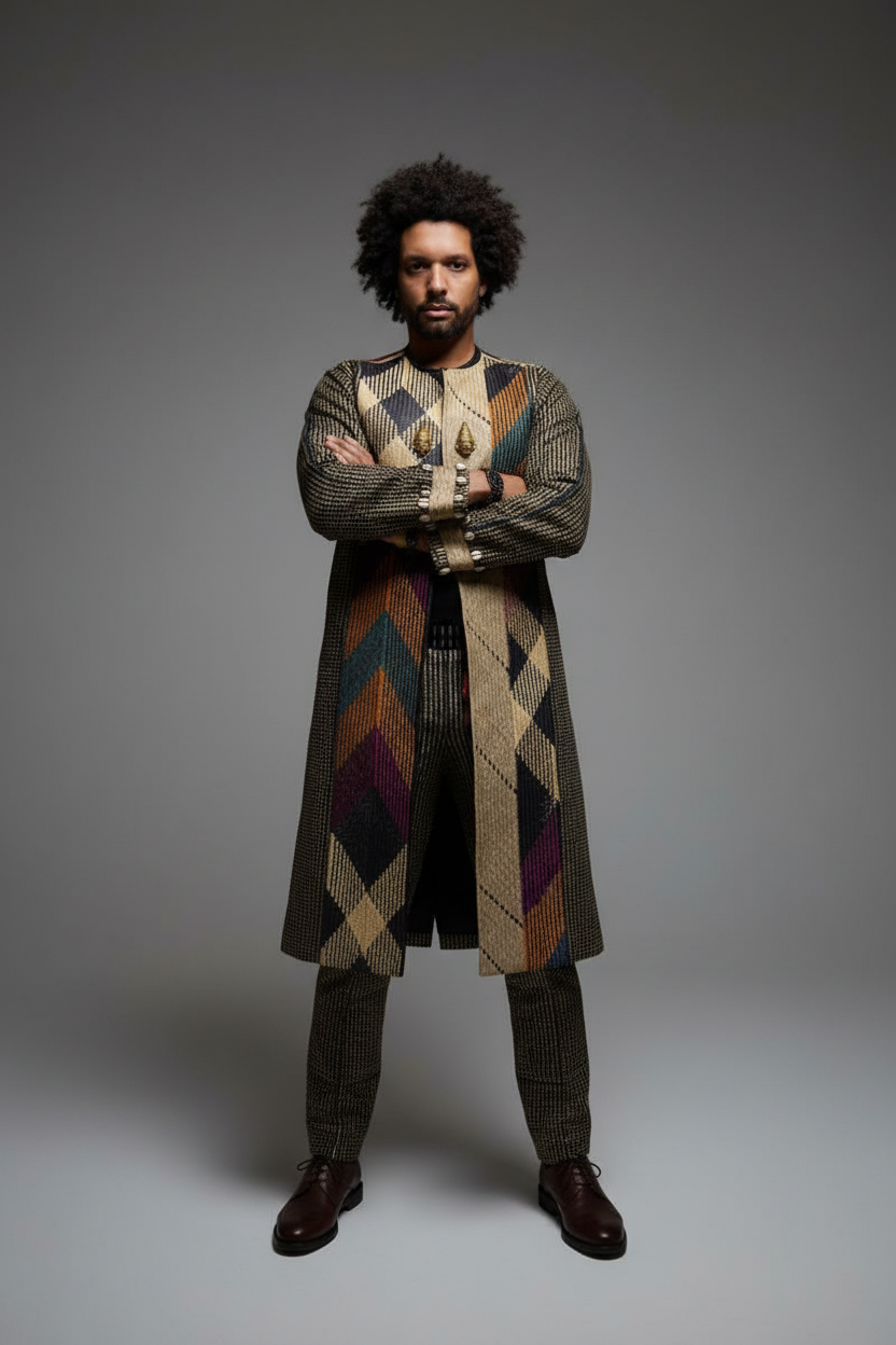 Model in geometric coat - arms crossed