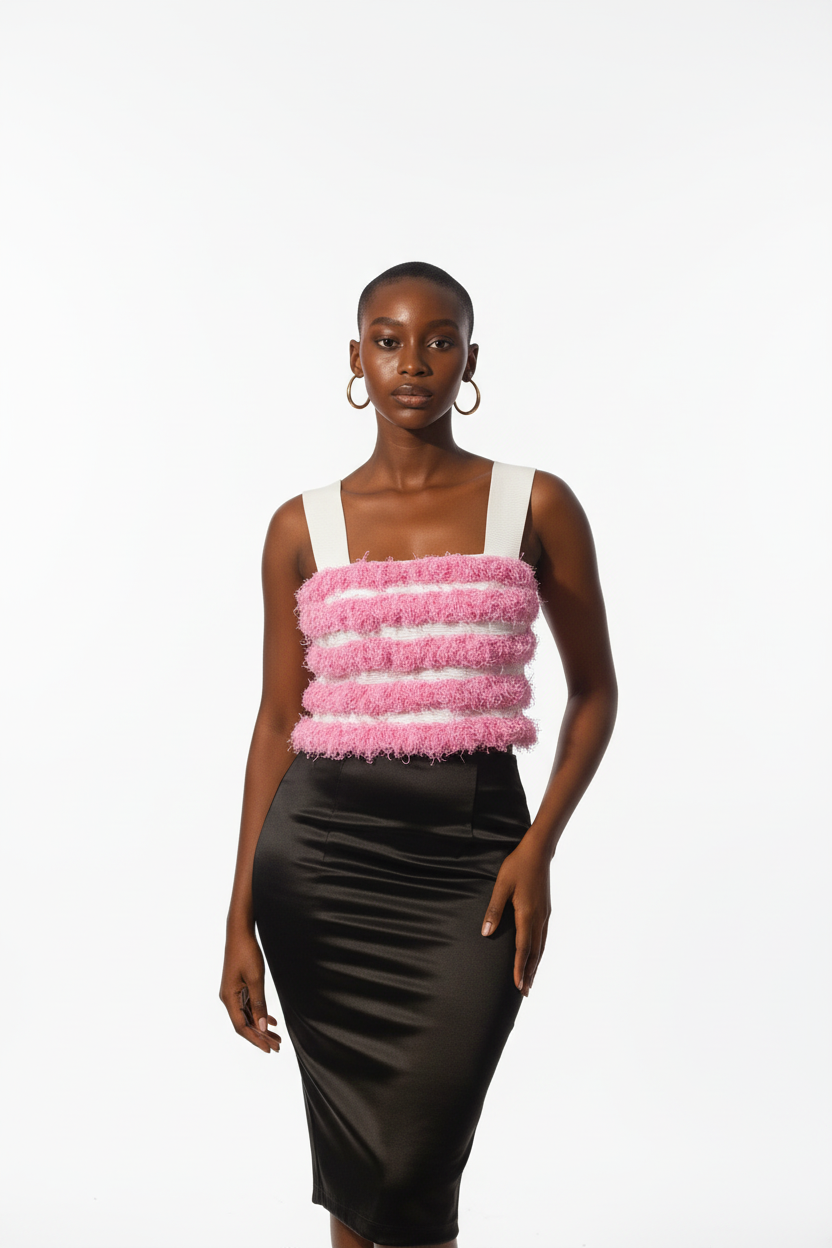 Model in pink fringe crop top