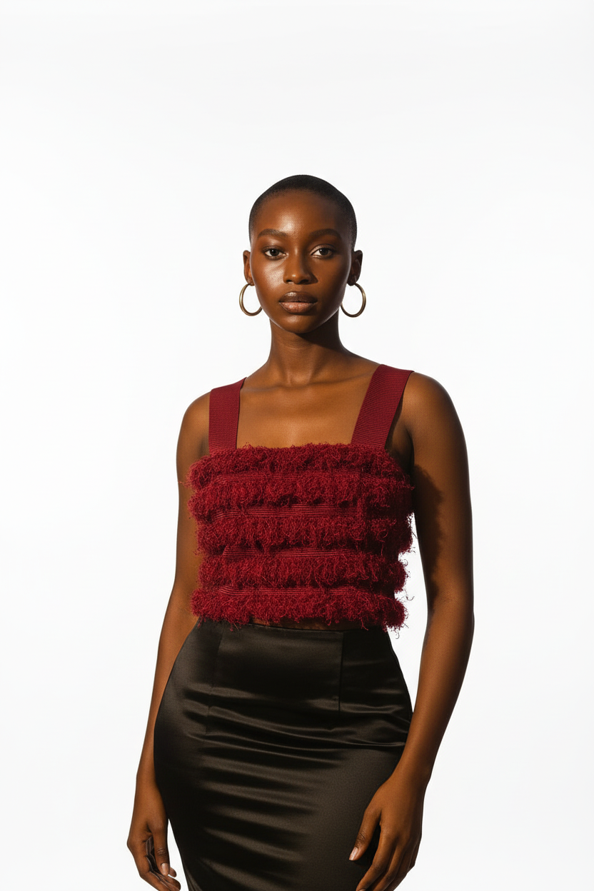 Model in red fringe crop top