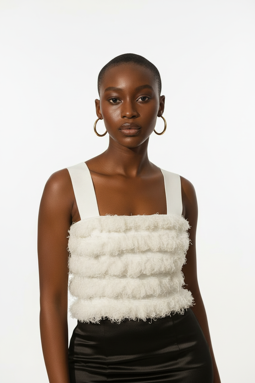 Model in white fringe top - detail shot