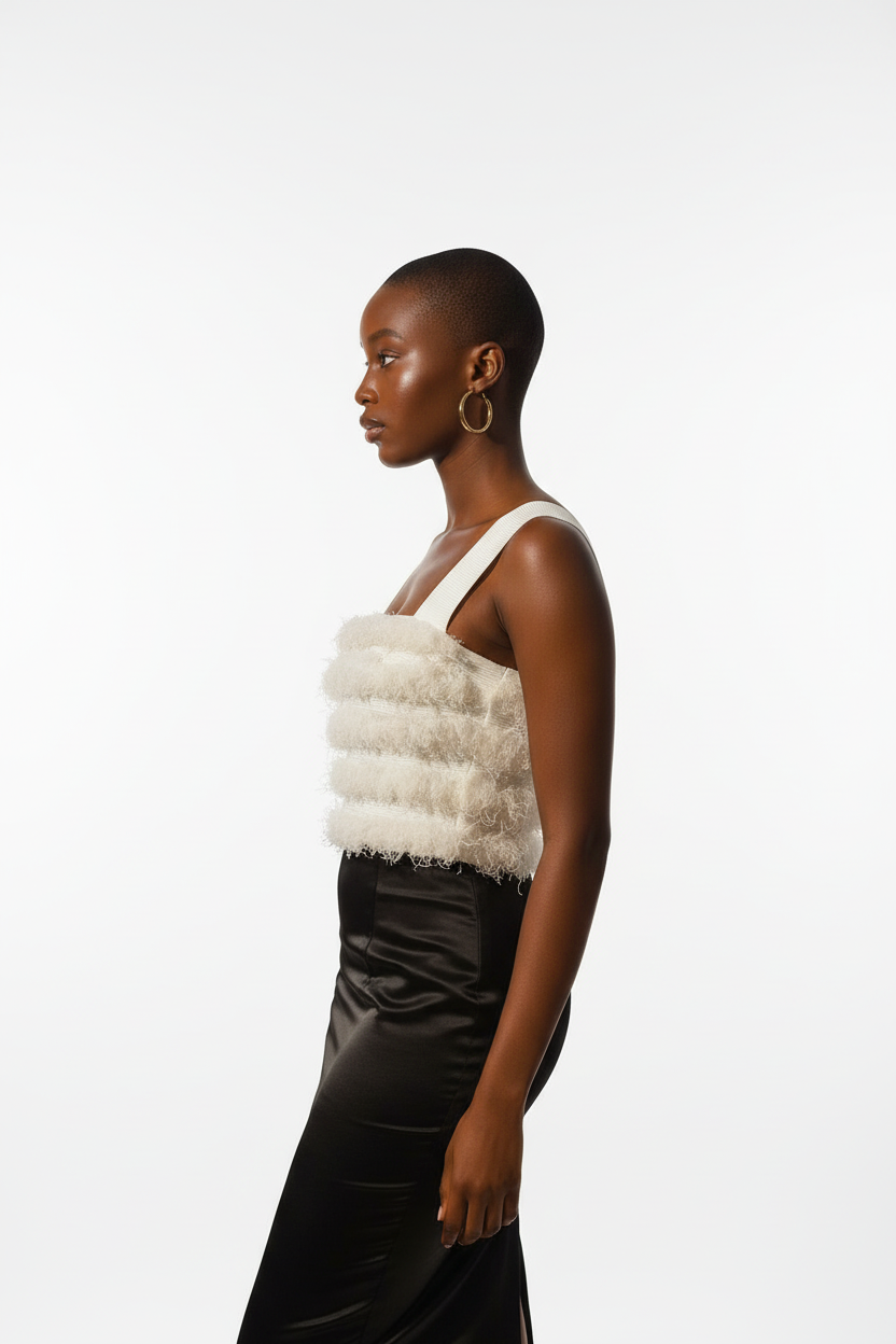 Model in white fringe top - side view