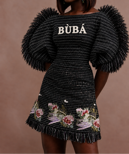 Model’s buba top with cream BÙBÁ lettering