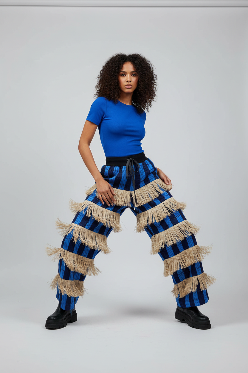 Model wearing blue and black checkered pants with fringe details