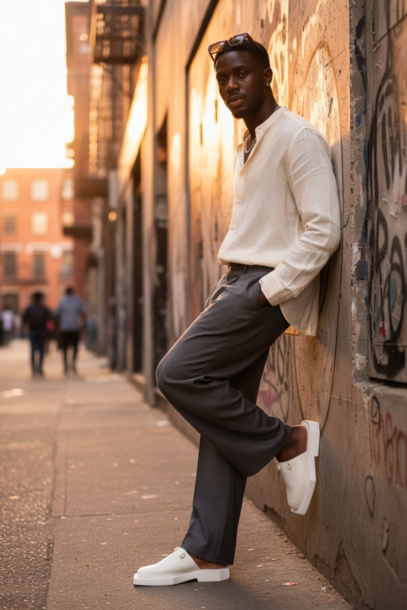 Model wearing white slides - urban wall golden hour