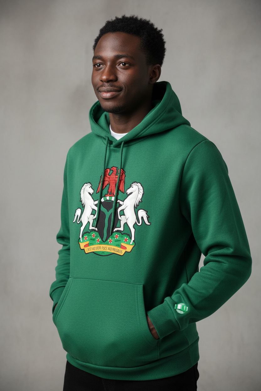 Nigerian model green hoodie - angled