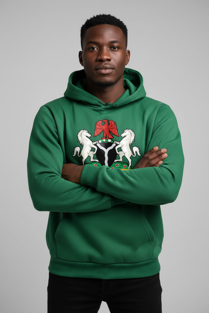 Nigerian model green hoodie - confident