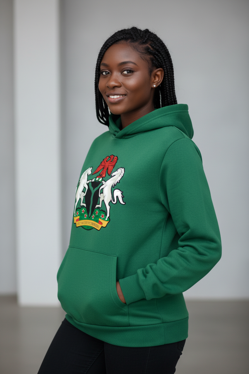Nigerian model green hoodie - side