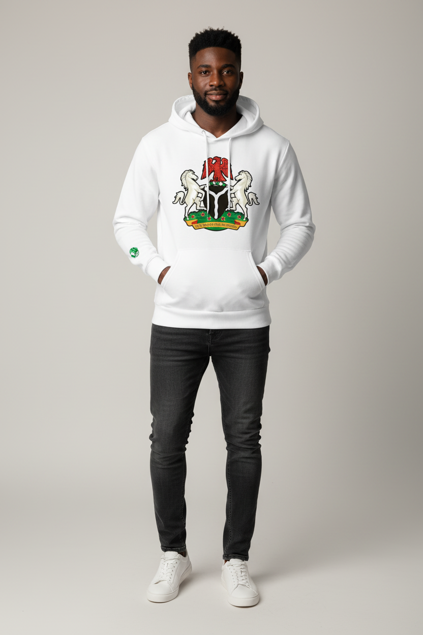 Nigerian model white hoodie - front
