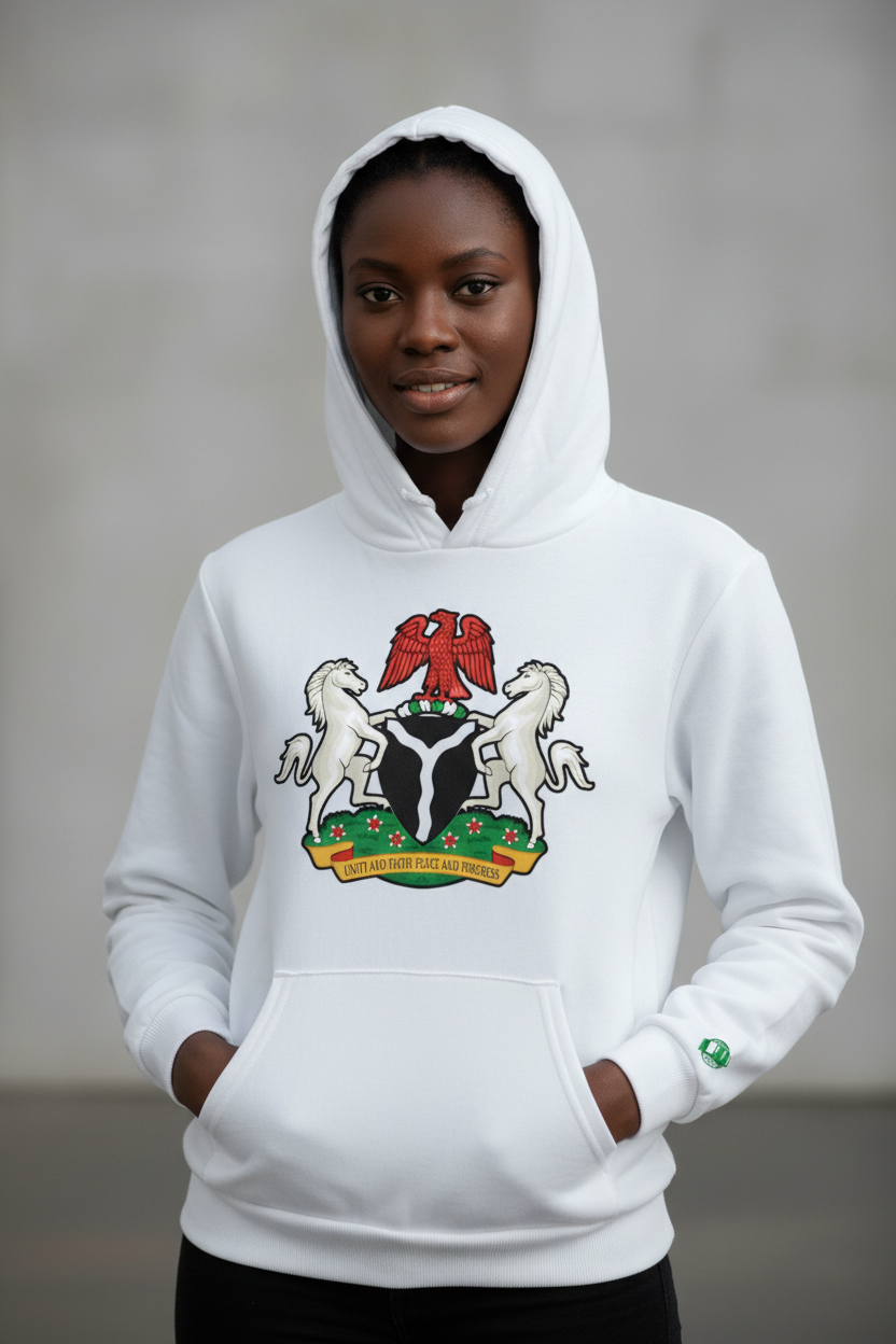 Nigerian model white hoodie - hood up