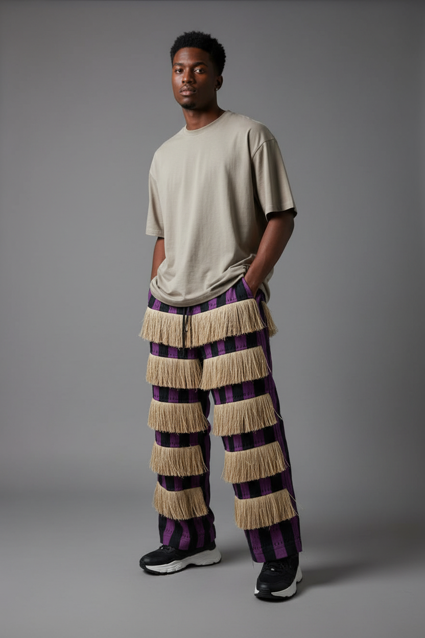 Purple and black checkered pants on male model