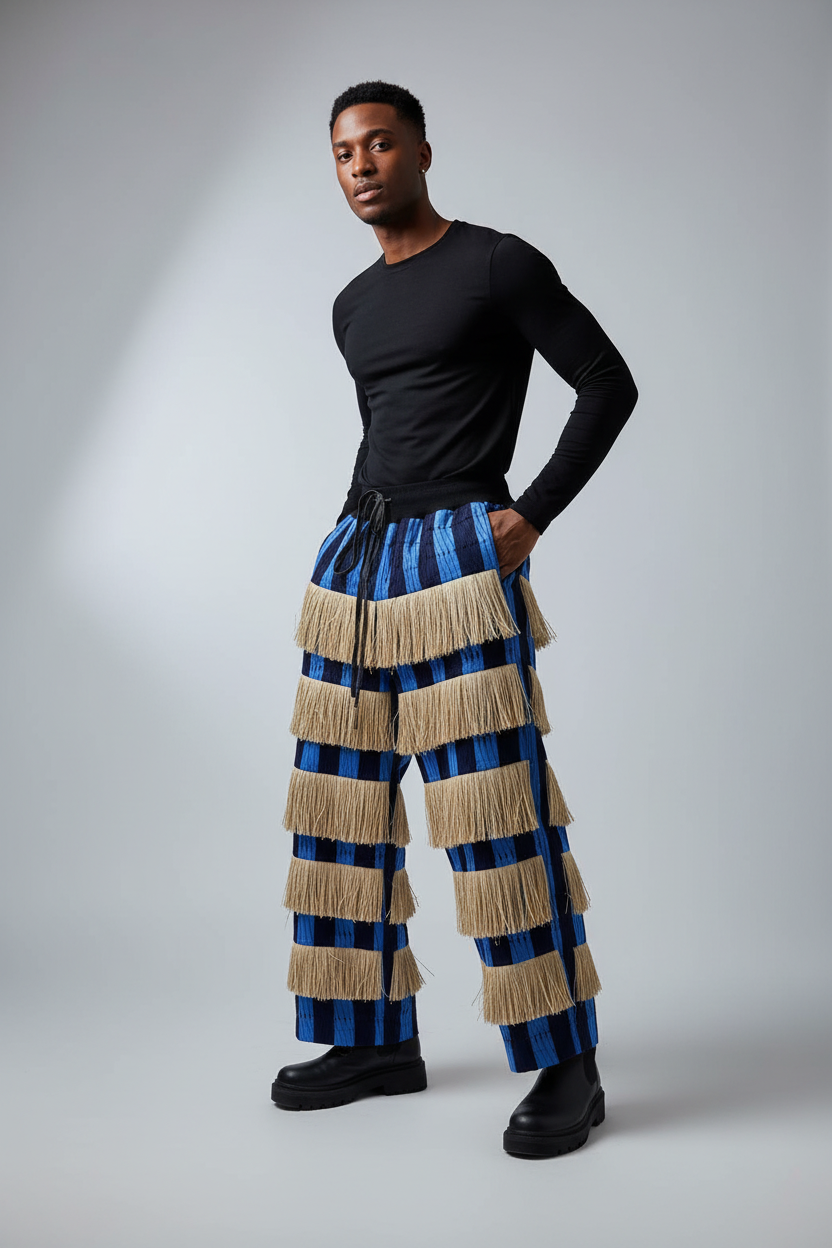 Red and black checkered pants on male model