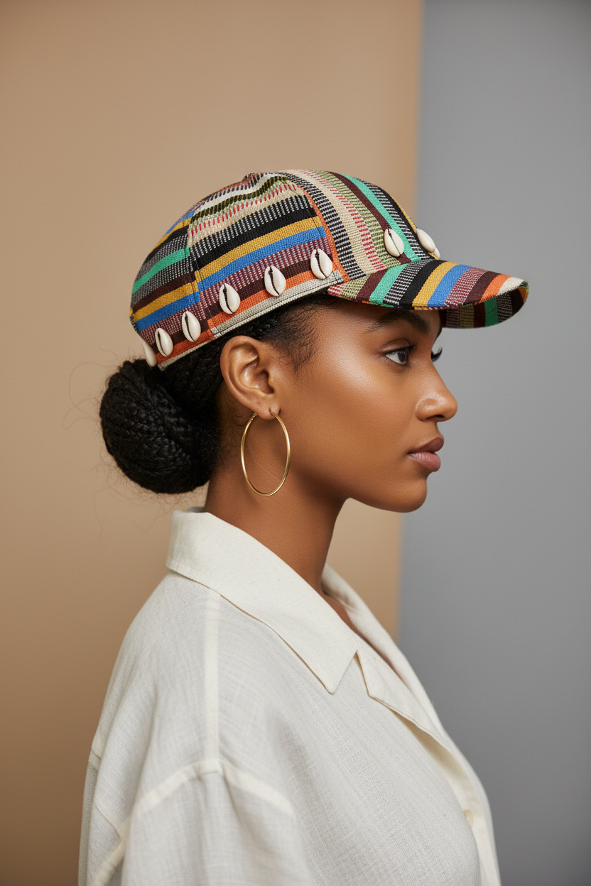 Striped cap with cowrie shells - side view