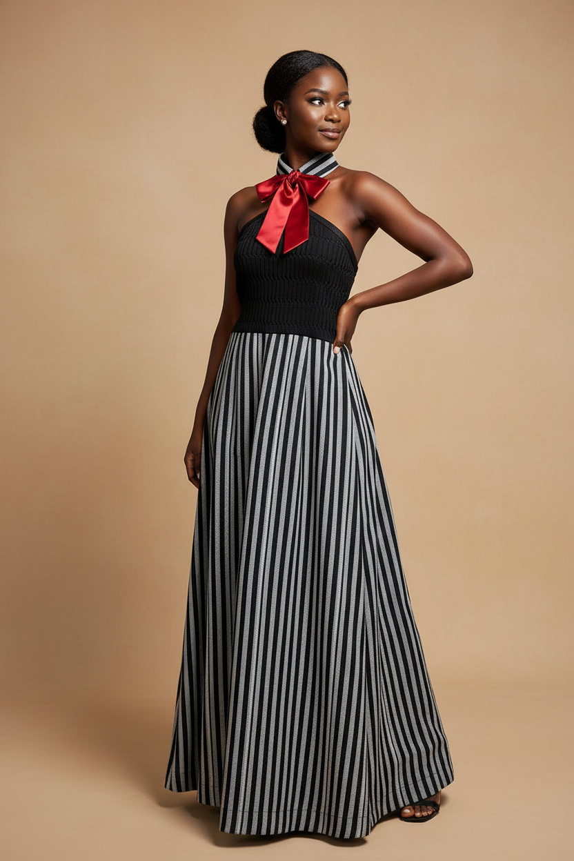 Striped dress with red bow - angled