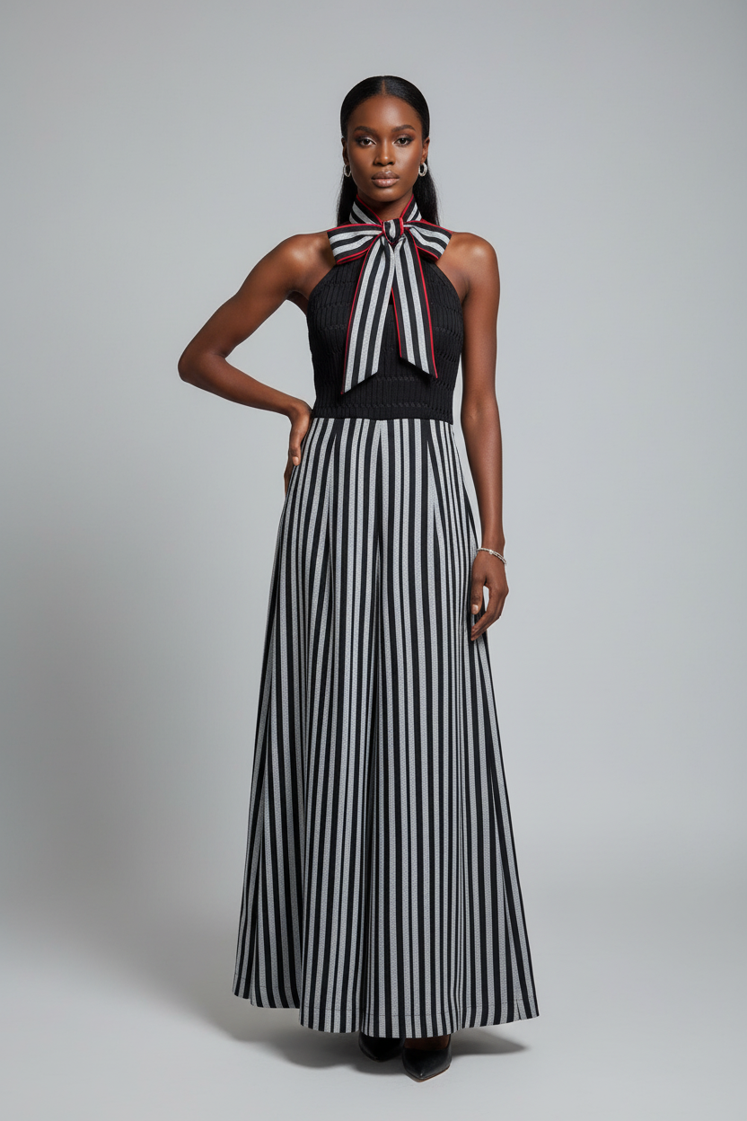 Striped dress with red bow - front