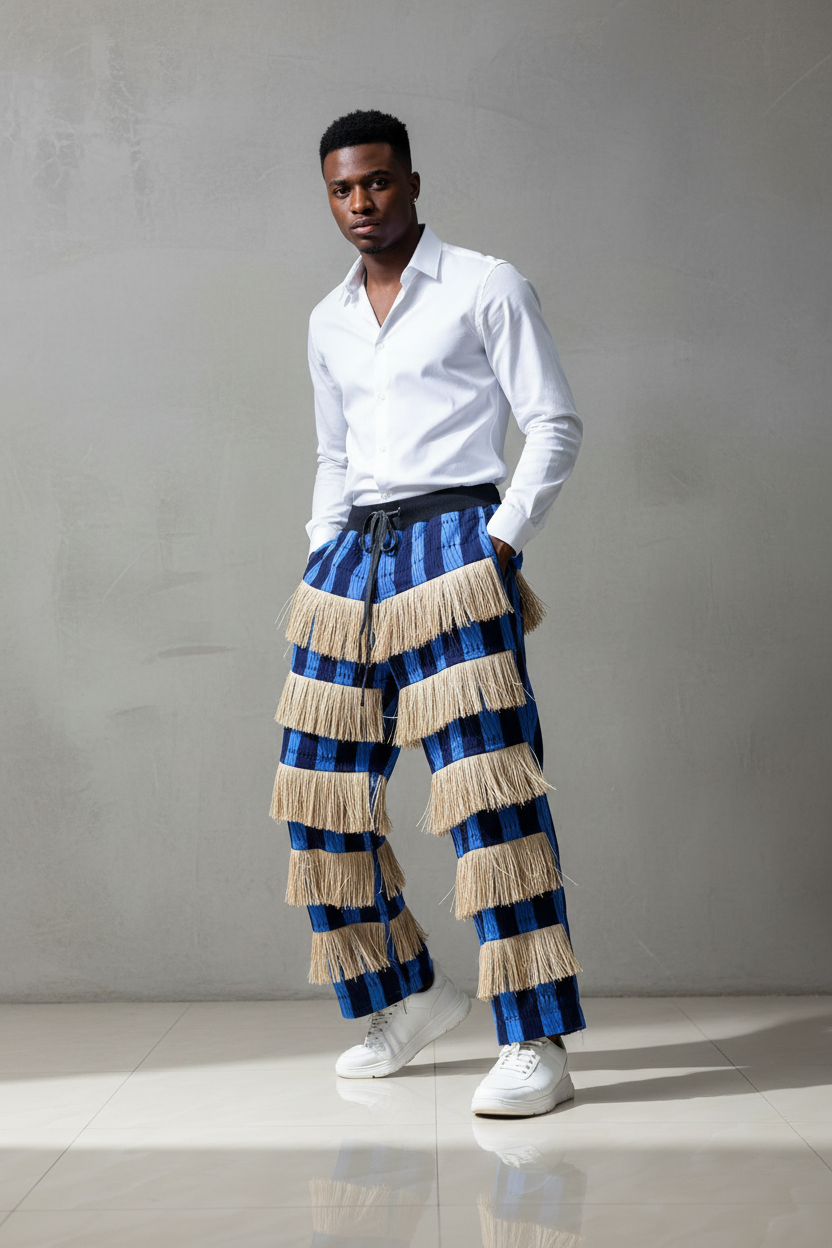 Stylish male model wearing blue and black checkered pants with fringe details