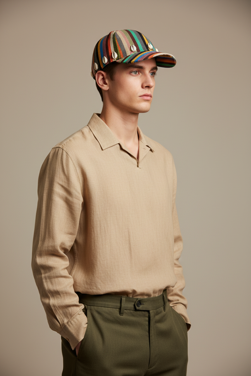 White male model wearing striped cap - angled