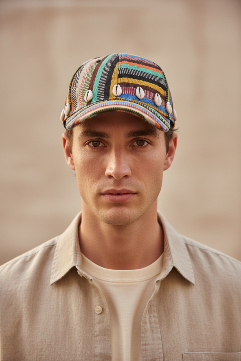 White male model wearing striped cap - front